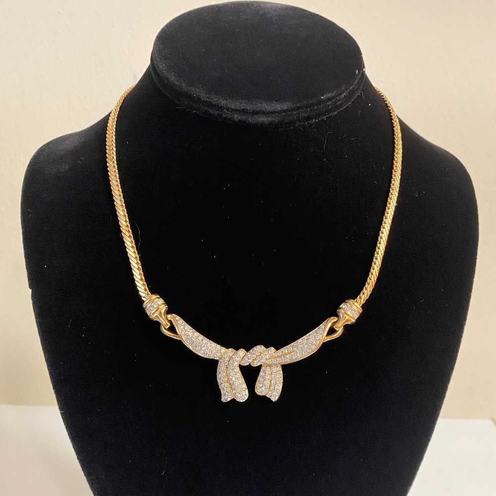 Vintage Swarovski `16" Swag Tie Crystal Necklace Gold Tone